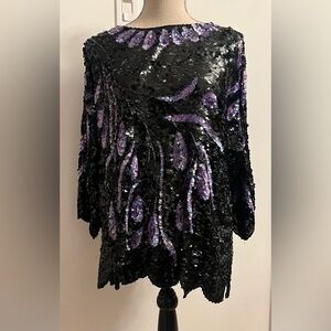 Vintage 80s Silk Top Beads & Sequins Glam XL Dolman